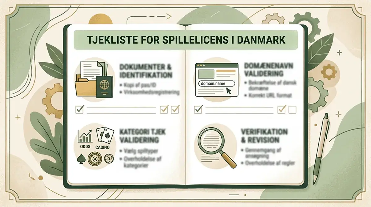 Neutral illustration af en licenstjekliste med domæne, kategori og myndighedskontrol